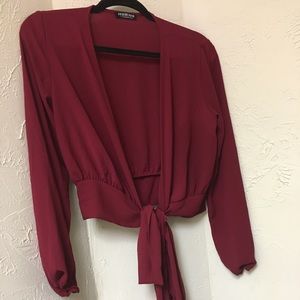 Burgundy FashionNova Wrap Tie Blouse